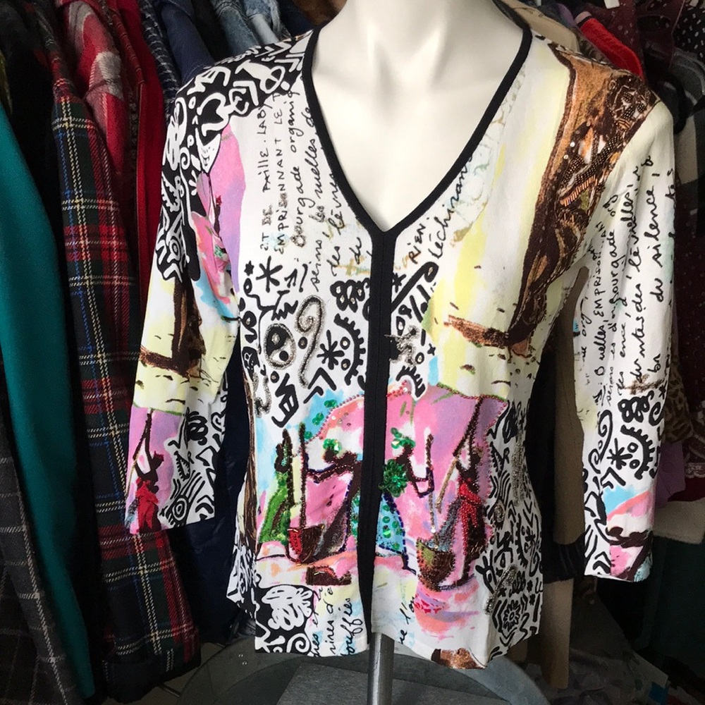 Vintage Alberto Makali Colorful Abstract Graphic Print Embellished Sweater Top